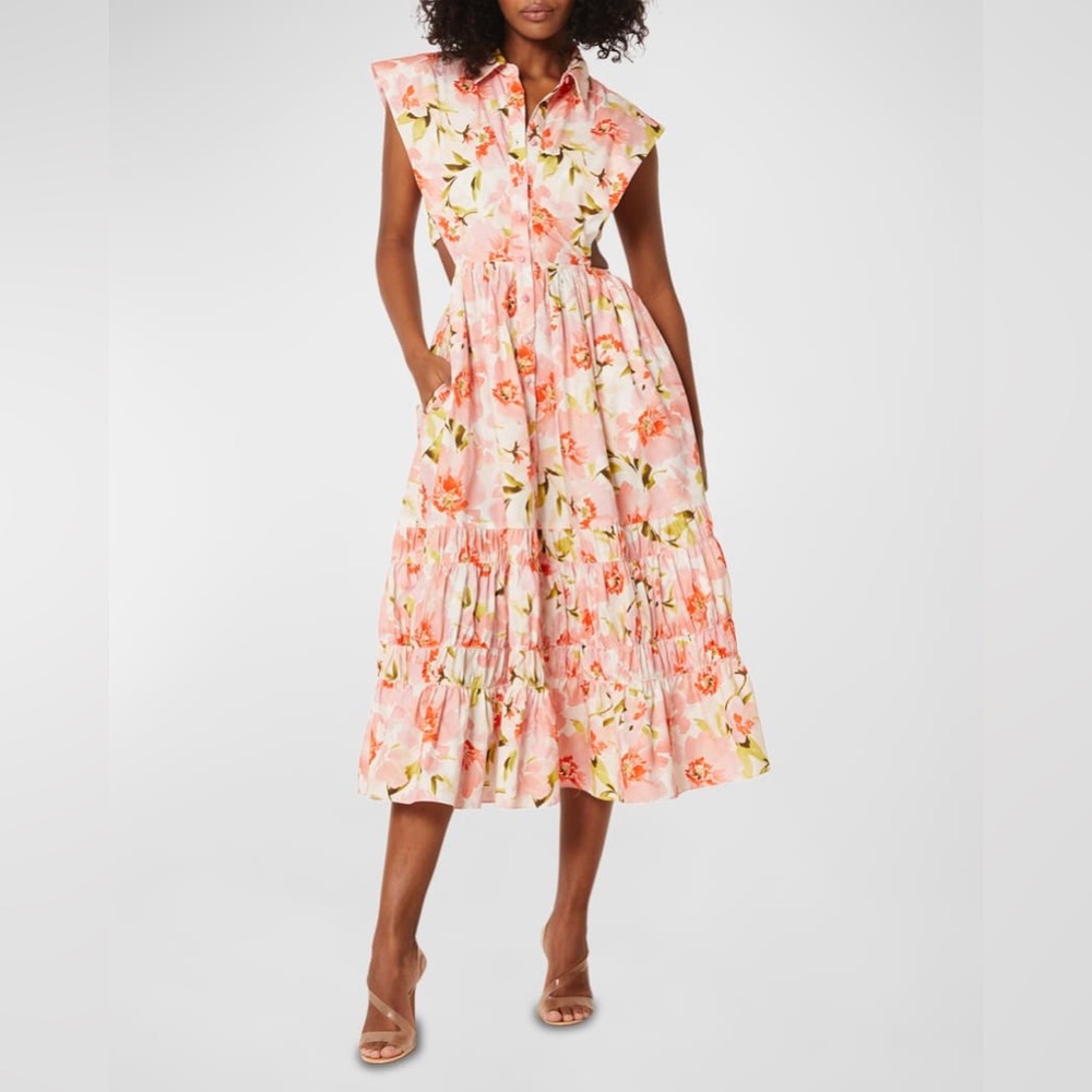 Misa Los Angeles Nicole Blush Floral Side Cut Out Tiered Midi Dress XXSmall NWOT